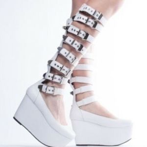 YES Gladiator Ballet Platform White (Knee-high, Buckle-up) Punk Rave 10